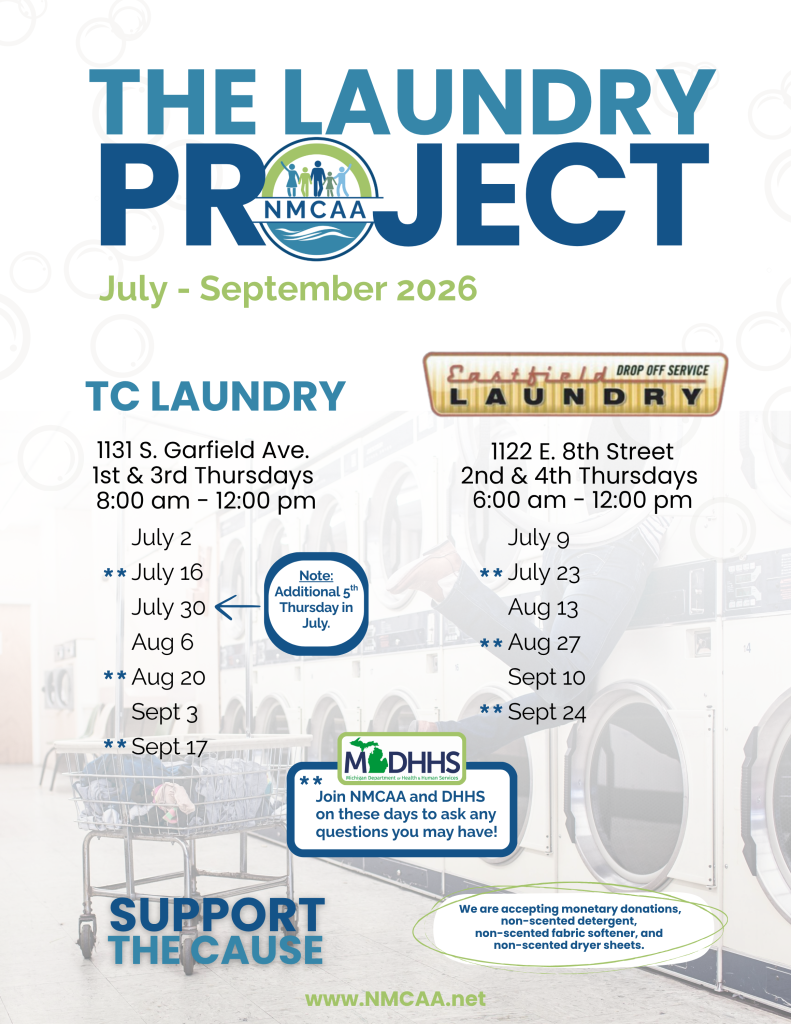 Laundry Project Flyer with the upcoming dates at TC laundry and Eastfield Laundry